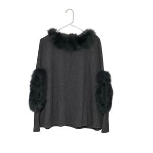 Dolce Cabo Fox Fur Trim Grey Cape/Poncho Sweater Wool Blend Sz S/M Old Money 40s